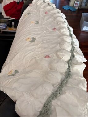 White Floral Embroidered Ruffled Bedspread with Green Trim